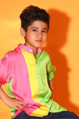 Vertical Colorblock Mandarin Collar Shirt