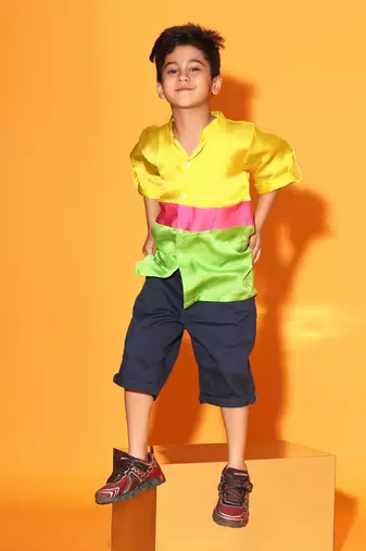 Horizontal Colorblock Mandarin Collar shirt