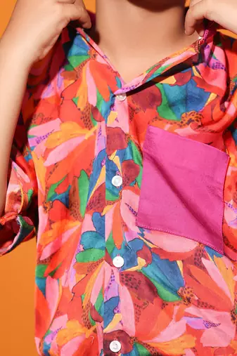 Floral Print Purple Trim Shirt