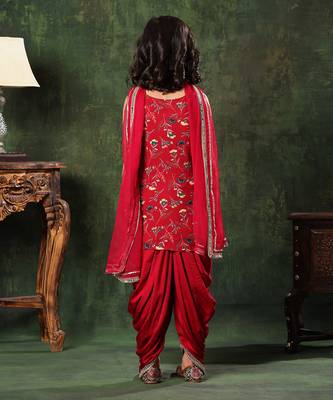 Red Floral Embellished Kurti With Patiala Salwar Set 3