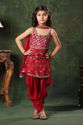 Red Floral Embellished Kurti With Patiala Salwar Set