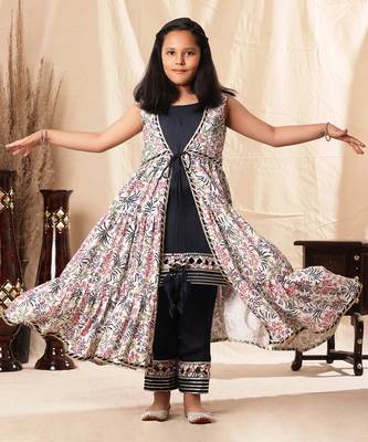 Navy Blue Embellished Kurta And Pant With Printed Shrug 2