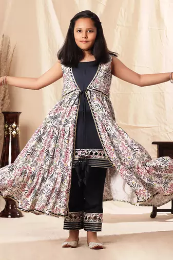 Navy Blue Embellished Kurta And Pant With Printed Shrug