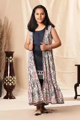 Navy Blue Embellished Kurta And Pant With Printed Shrug
