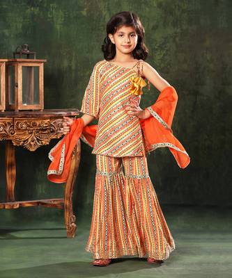 Embellished Printed Off-Shoulder Kurti With Sharara Set 1