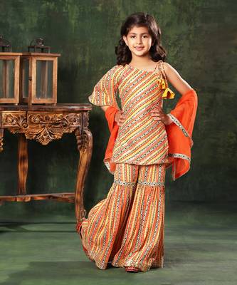 Embellished Printed Off-Shoulder Kurti With Sharara Set 2