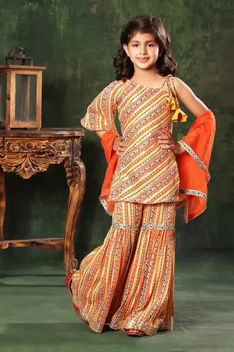 Embellished Printed Off-Shoulder Kurti With Sharara Set