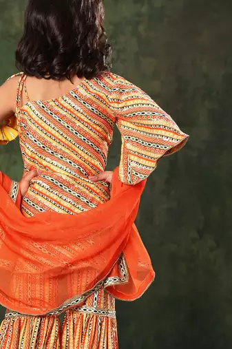 Embellished Printed Off-Shoulder Kurti With Sharara Set