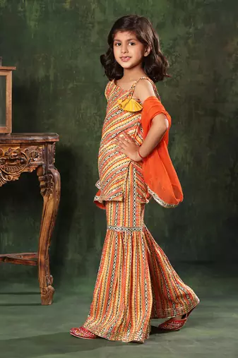 Embellished Printed Off-Shoulder Kurti With Sharara Set