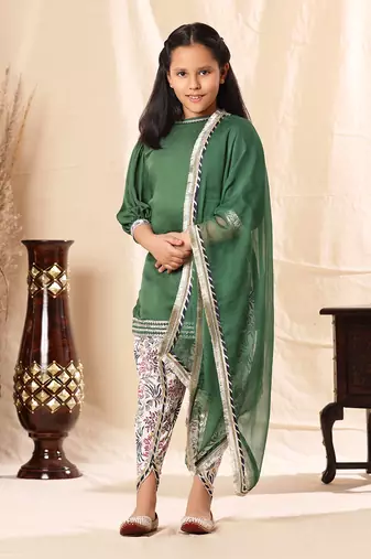 Short Green Kurta With Dhoti Salwar Set