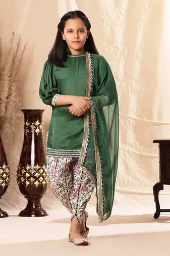 Short Green Kurta With Dhoti Salwar Set