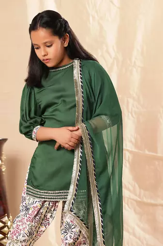 Short Green Kurta With Dhoti Salwar Set