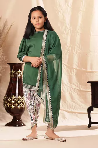 Short Green Kurta With Dhoti Salwar Set