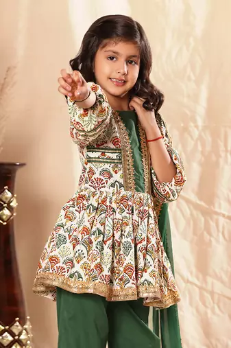 Green Panel  Printed Frock Suit Set