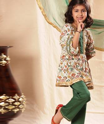 Green Panel  Printed Frock Suit Set 3