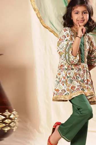 Green Panel  Printed Frock Suit Set