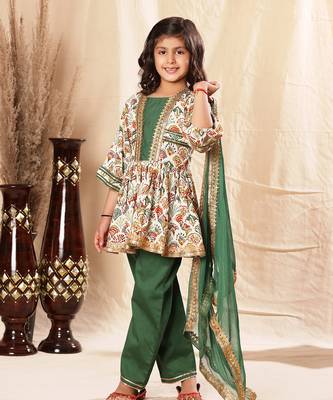 Green Panel  Printed Frock Suit Set 1