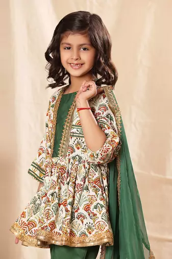 Green Panel  Printed Frock Suit Set