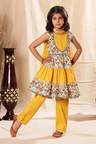 Embellished Short Printed Frock Suit And Pant Set