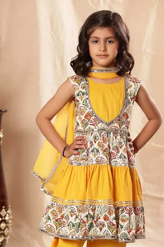 Embellished Short Printed Frock Suit And Pant Set