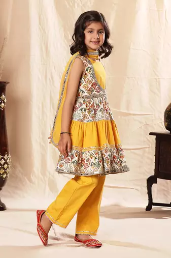 Embellished Short Printed Frock Suit And Pant Set