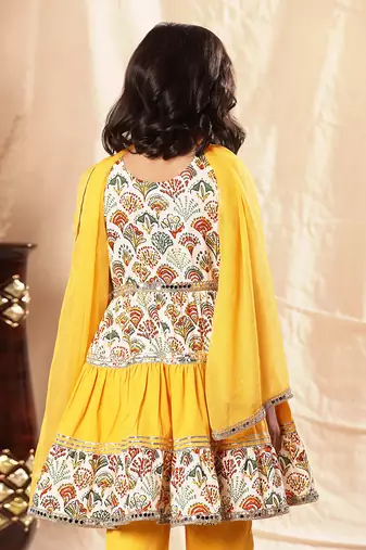 Embellished Short Printed Frock Suit And Pant Set