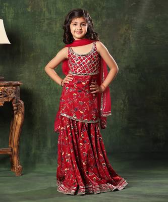 Red Floral Print  Frock Suit And  Palazao Suit Set 1