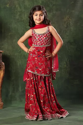 Red Floral Print  Frock Suit And  Palazao Suit Set