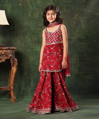 Red Floral Print  Frock Suit And  Palazao Suit Set 2