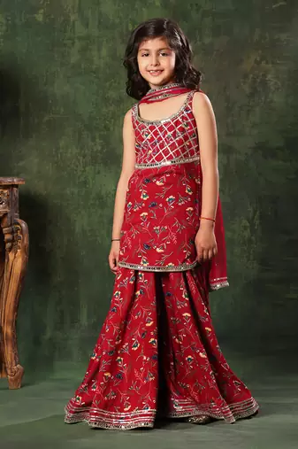 Red Floral Print  Frock Suit And  Palazao Suit Set