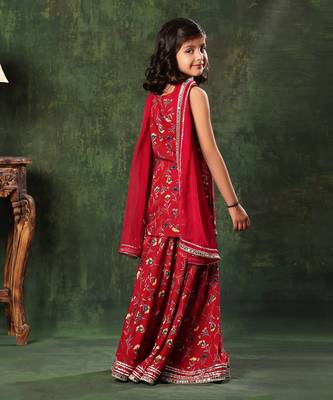 Red Floral Print  Frock Suit And  Palazao Suit Set 3