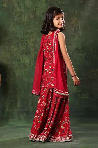 Red Floral Print  Frock Suit And  Palazao Suit Set