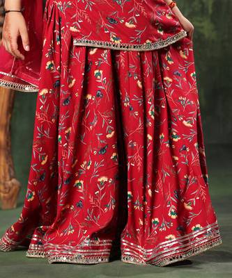Red Floral Print  Frock Suit And  Palazao Suit Set 4