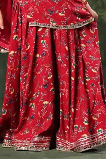Red Floral Print  Frock Suit And  Palazao Suit Set