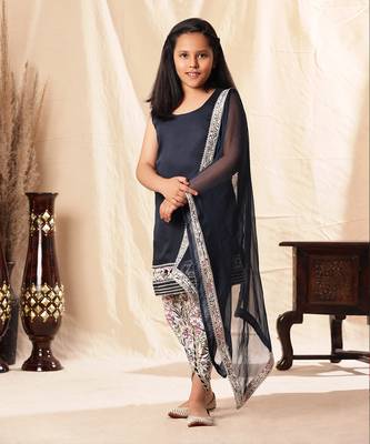 Navy Blue Pearl Border Kurta With Floral Print Dhoti Salwar Set 1