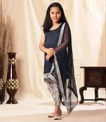 Navy Blue Pearl Border Kurta With Floral Print Dhoti Salwar Set