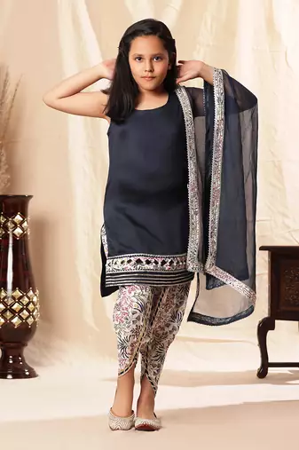 Navy Blue Pearl Border Kurta With Floral Print Dhoti Salwar Set