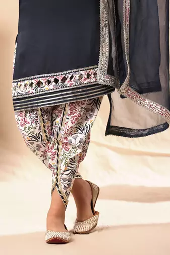 Navy Blue Pearl Border Kurta With Floral Print Dhoti Salwar Set