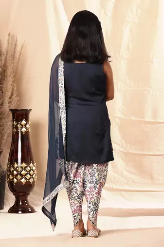 Navy Blue Pearl Border Kurta With Floral Print Dhoti Salwar Set