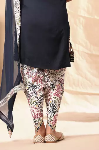 Navy Blue Pearl Border Kurta With Floral Print Dhoti Salwar Set
