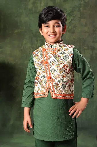 Printed Jacket With Green Kurta And Pyjama Co-Ord Set