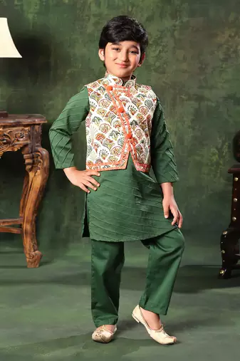 Printed Jacket With Green Kurta And Pyjama Co-Ord Set