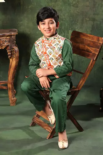 Printed Jacket With Green Kurta And Pyjama Co-Ord Set