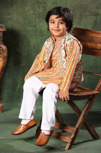 Geometric Print Jacket With Linear Print Kurta Set