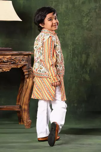 Geometric Print Jacket With Linear Print Kurta Set
