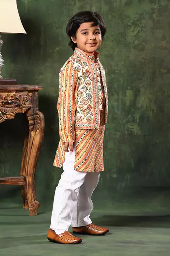 Geometric Print Jacket With Linear Print Kurta Set