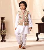 Geometric Print Jacket With White Kurta And Pyjama Co-Ord Set