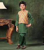 Linear Print Jacket With Green Kurta And Pyjama Co-Ord