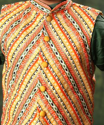 Linear Print Jacket With Green Kurta And Pyjama Co-Ord 6