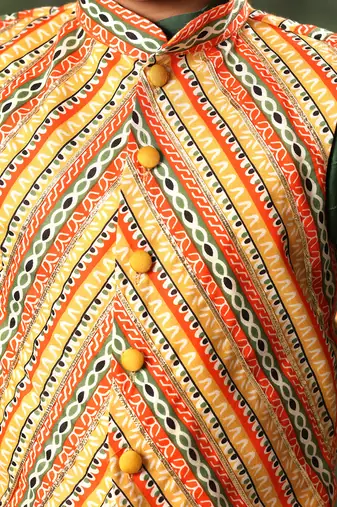 Linear Print Jacket With Green Kurta And Pyjama Co-Ord